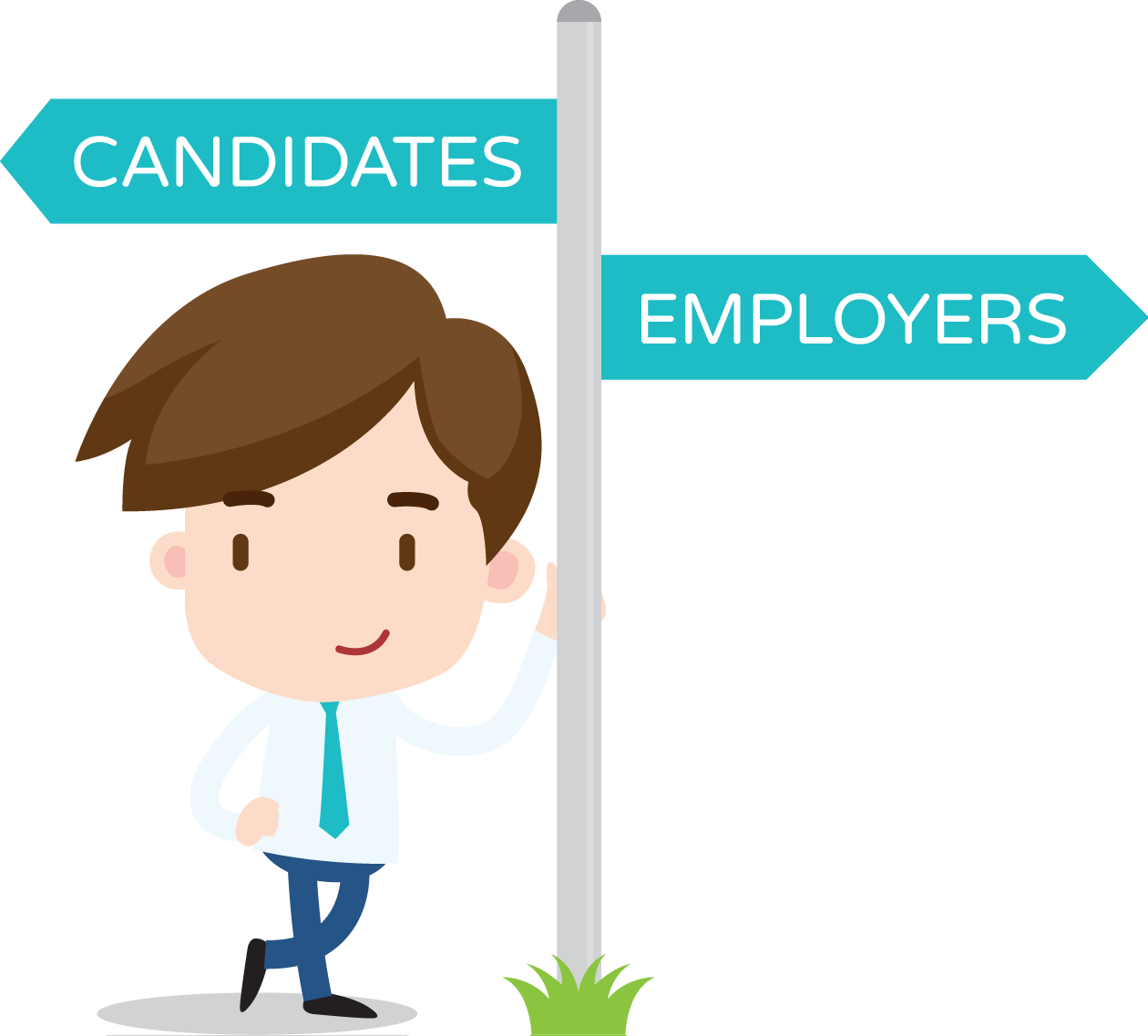A cartoon character dressed in a suit, leaning up a signpost directing people to the candidates or employers sides of the website